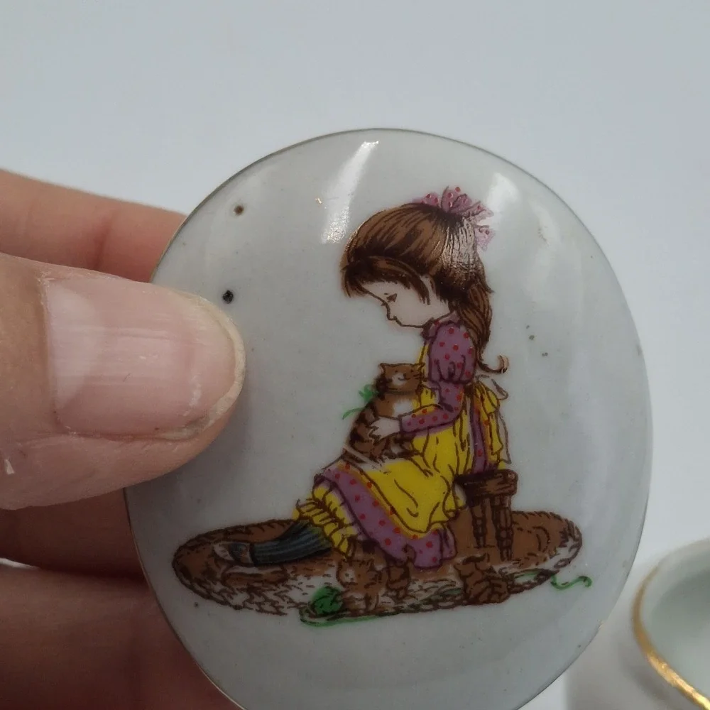 Vintage Petticoats & Pantaloons Roth Footed Trinket Box Porcelain Girl Cat Japan